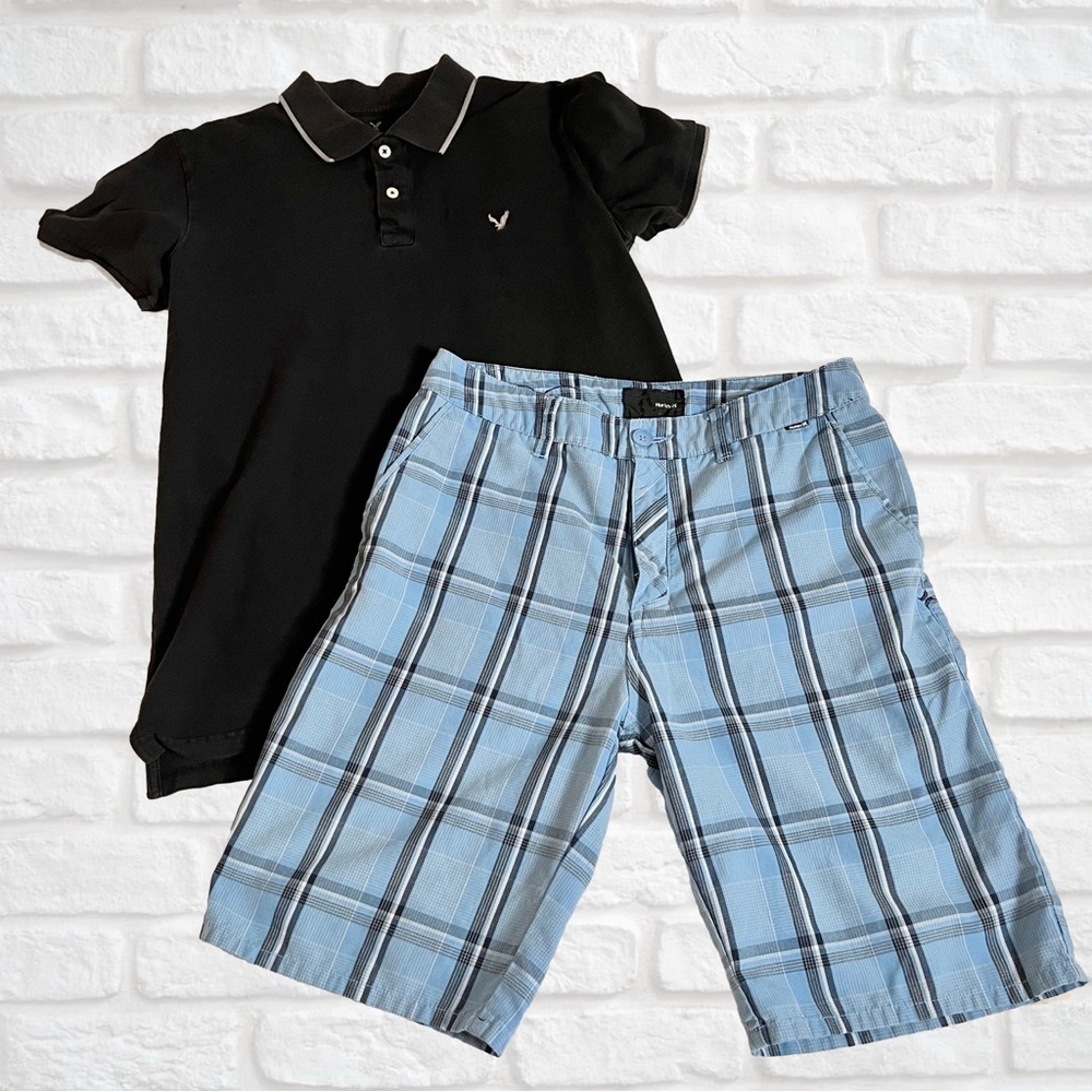 Set of Hurley Blue Plaid Men's Shorts & Black Polo Shirt - Shorts 30; Shirt M